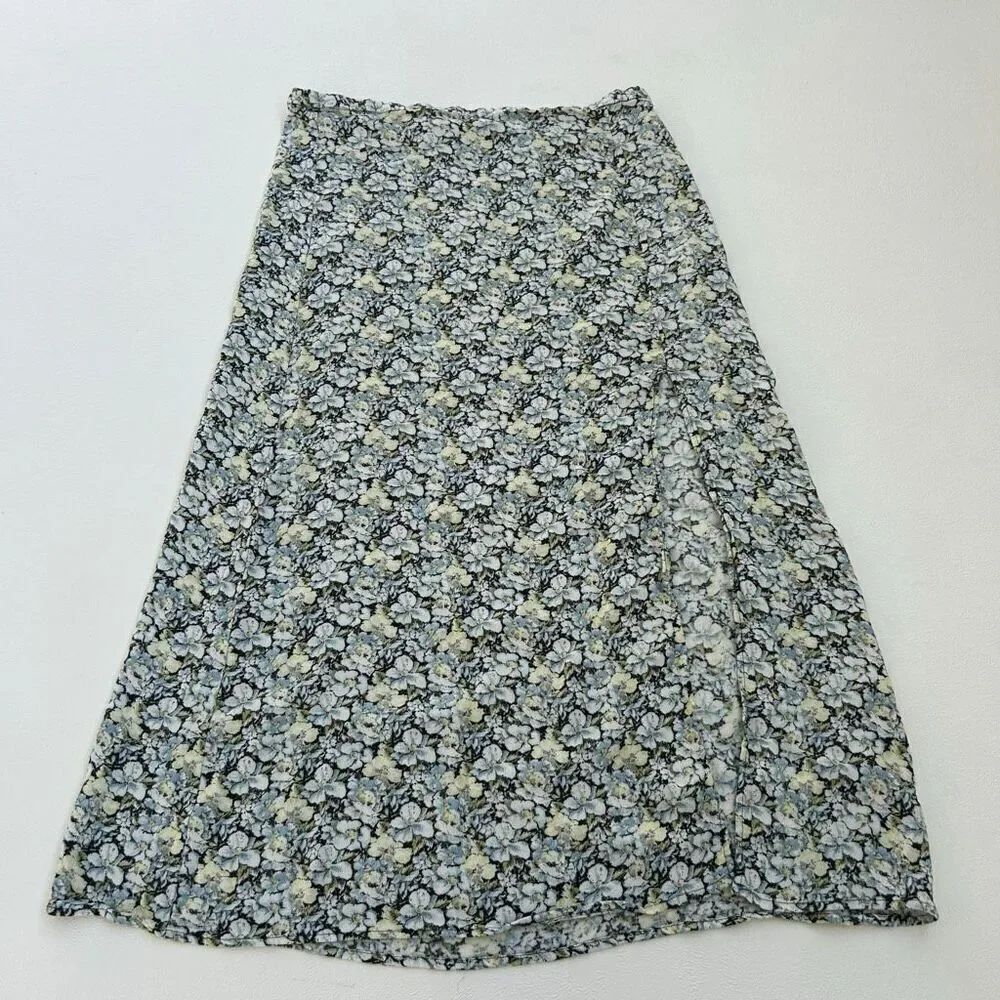 H&M Floral Midi Skirt Women’s 8 Blue Yellow White Print Side Slit Lightweight